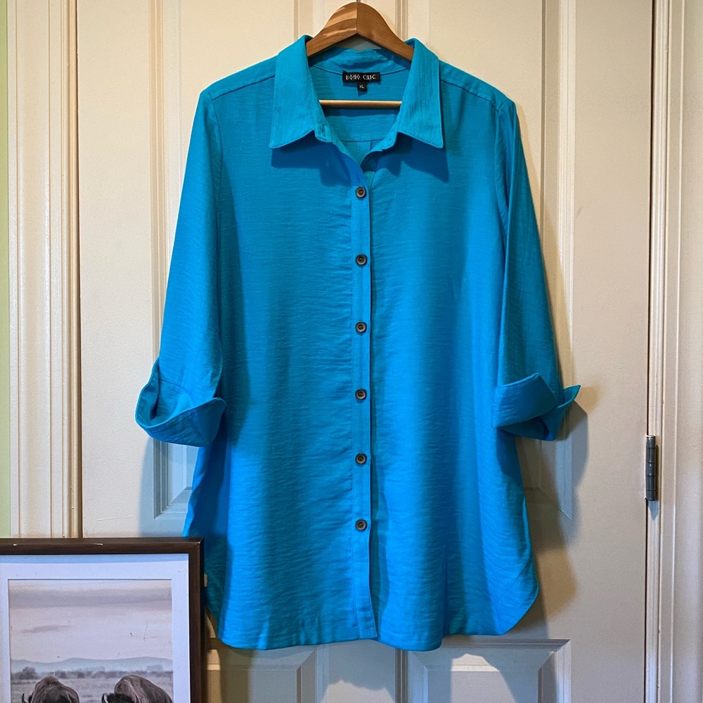 Boho Chic▪️Turquoise Button Down 3/4 Cuffed Sleeve Button Back Tunic Sz XL.